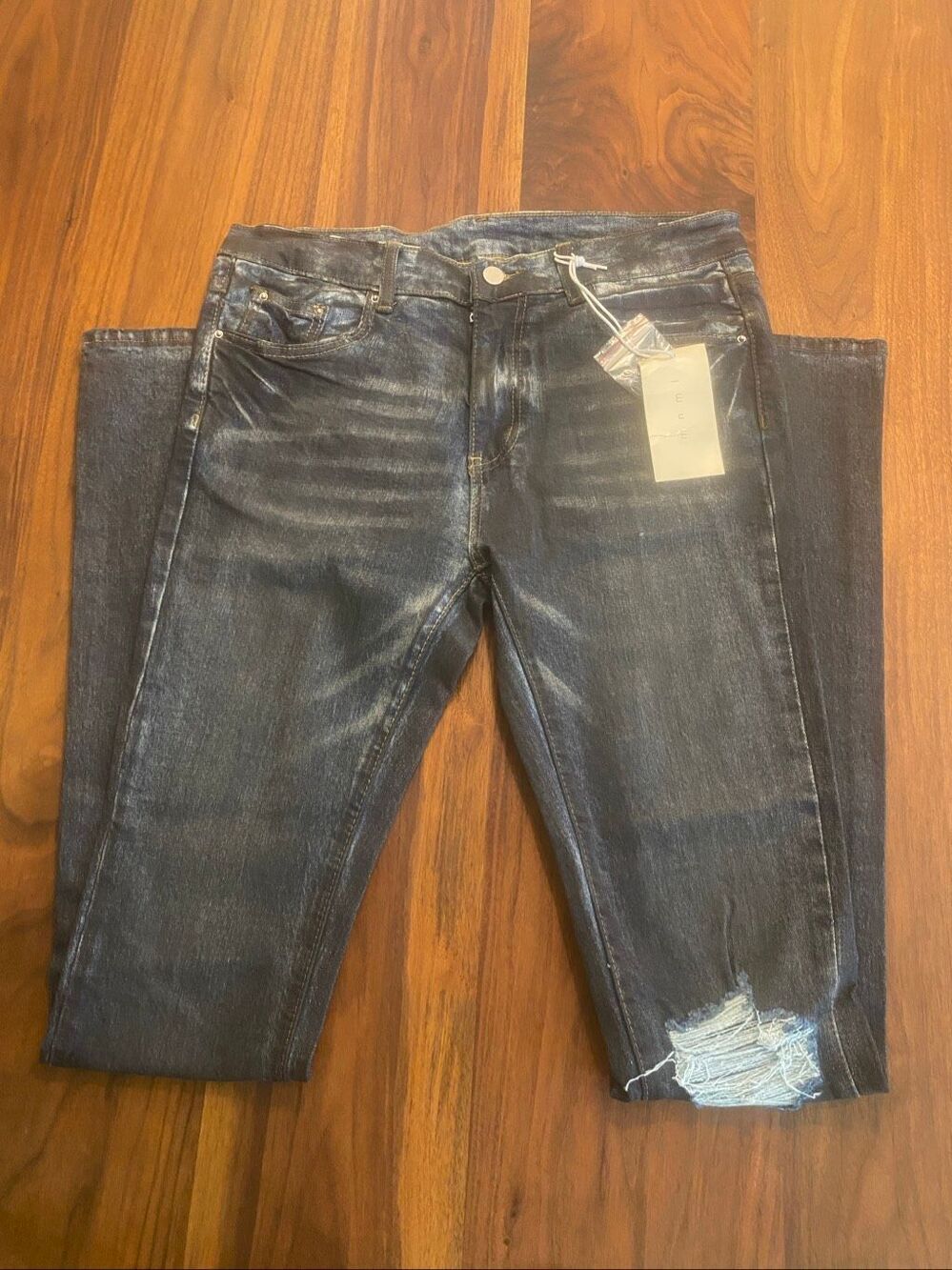 MNML Men's Blue Black Distressed Mid-Rise Skinny Stacked Denim Jeans Size 32 NWT